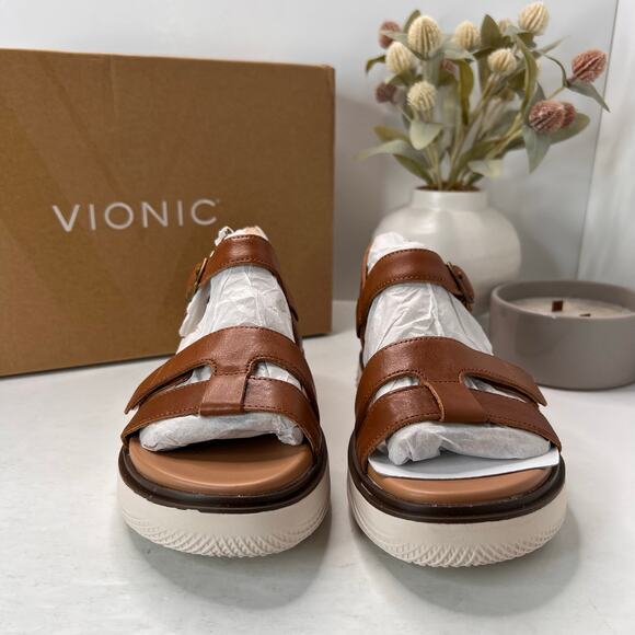 Vionic Solana Leather Strappy Platform Sandal Tan Buckle J4525L1200 Women 6W NWB - Picture 1 of 10